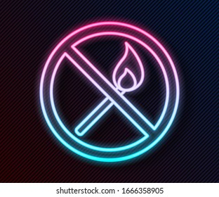 Línea de neón brillante No hay icono de fuego aislado en el fondo negro. No hay llama abierta. Se cruzó la partida en círculo. Ilustración vectorial