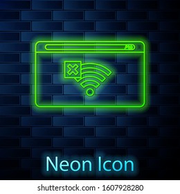 Glowing neon line No Internet connection icon isolated on brick wall background. No wireless wifi or sign for remote internet access.  Vector Illustration
