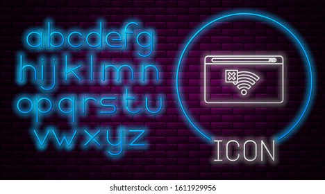 Glowing neon line No Internet connection icon isolated on brick wall background. No wireless wifi or sign for remote internet access. Neon light alphabet. Vector Illustration