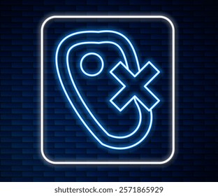 Glowing neon line No meat icon isolated on brick wall background. No fast food allowed - vegetarian food.  Vector