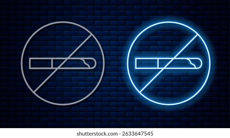 Glowing neon line No Smoking icon isolated on brick wall background. Cigarette symbol.  Vector