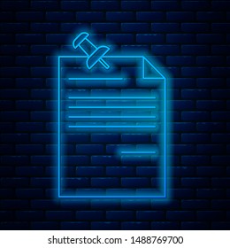 Glowing neon line Note paper with pinned pushbutton icon isolated on brick wall background. Memo paper sign.  Vector Illustration