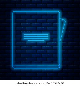 Glowing neon line Notebook icon isolated on brick wall background. Spiral notepad icon. School notebook. Writing pad. Diary for school.  Vector Illustration