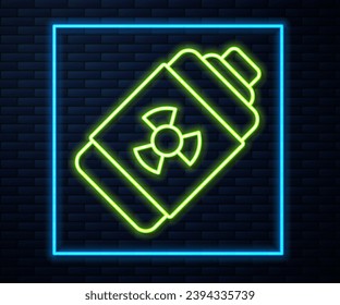 Glowing neon line Nuclear energy battery icon isolated on brick wall background.  Vector