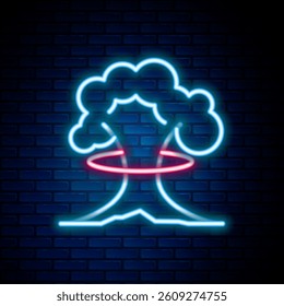 Glowing neon line Nuclear explosion icon isolated on brick wall background. Atomic bomb. Symbol of nuclear war, end of world. Colorful outline concept. Vector