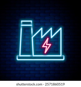 Glowing neon line Nuclear power plant icon isolated on brick wall background. Energy industrial concept. Colorful outline concept. Vector