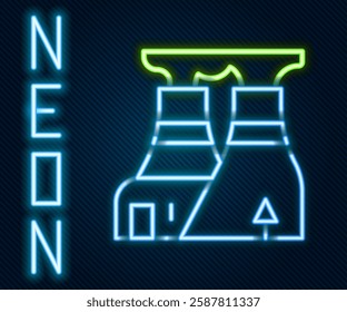 Glowing neon line Nuclear power plant icon isolated on black background. Energy industrial concept. Colorful outline concept. Vector