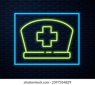 Glowing neon line Nurse hat with cross icon isolated on brick wall background. Medical nurse cap sign.  Vector Illustration