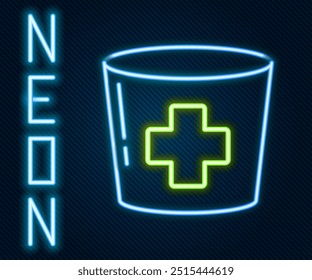 Glowing neon line Nurse hat with cross icon isolated on black background. Medical nurse cap sign. Colorful outline concept. Vector Illustration