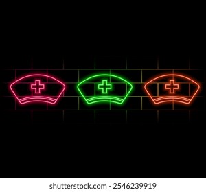 Glowing neon line Nurse hat with cross icon isolated on brick wall background. Medical nurse cap sign. Vector Illustration.