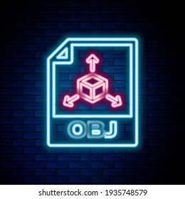 Glowing neon line OBJ file document. Download obj button icon isolated on brick wall background. OBJ file symbol. Colorful outline concept. Vector