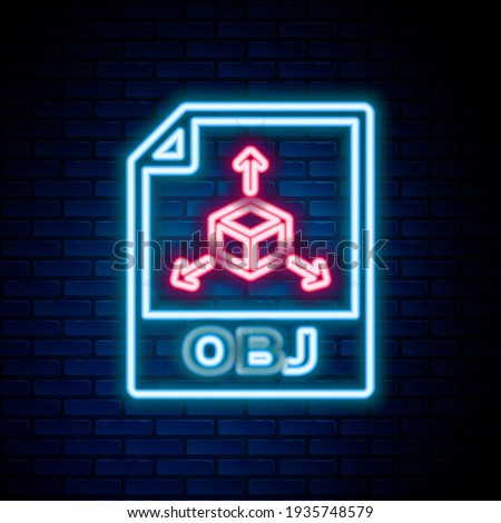 Glowing neon line OBJ file document. Download obj button icon isolated on brick wall background. OBJ file symbol. Colorful outline concept. Vector