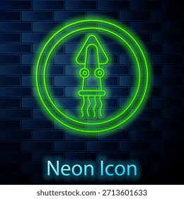 Pulpo de línea de neón brillante en un icono de la placa aislado en el fondo de la pared de ladrillo.  Vector