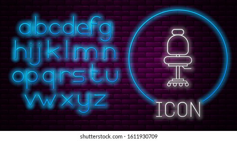 Glowing neon line Office chair icon isolated on brick wall background. Neon light alphabet. Vector Illustration