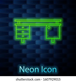 Glowing neon line Office desk icon isolated on brick wall background.  Vector Illustration
