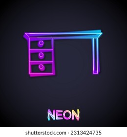 Glowing neon line Office desk icon isolated on black background.  Vector