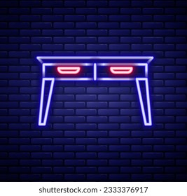 Glowing neon line Office desk icon isolated on brick wall background. Colorful outline concept. Vector