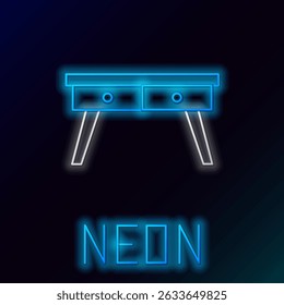 Glowing neon line Office desk icon isolated on black background. Colorful outline concept. Vector