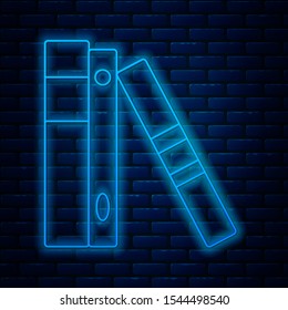 Glowing neon line Office folders with papers and documents icon isolated on brick wall background. Office binders. Archives folder sign.  Vector Illustration