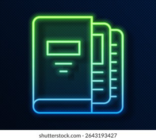 Glowing neon line Office folders with papers and documents icon isolated on blue background. Office binders. Archives folder sign.  Vector