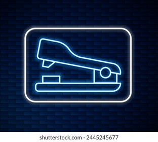 Glowing neon line Office stapler icon isolated on brick wall background. Stapler, staple, paper, cardboard, office equipment.  Vector