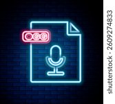 Glowing neon line OGG file document. Download ogg button icon isolated on brick wall background. OGG file symbol. Colorful outline concept. Vector