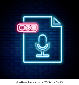 Glowing neon line OGG file document. Download ogg button icon isolated on brick wall background. OGG file symbol. Colorful outline concept. Vector