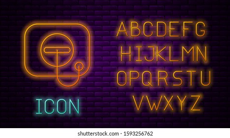 Glowing neon line Oil filler cap opening at the gas station icon isolated on brick wall background. Neon light alphabet. Vector Illustration