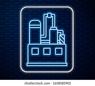 Glowing neon line Oil and gas industrial factory building icon isolated on brick wall background.  Vector Illustration