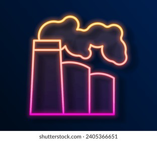 Glowing neon line Oil and gas industrial factory building icon isolated on black background.  Vector