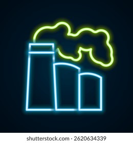 Glowing neon line Oil and gas industrial factory building icon isolated on black background. Colorful outline concept. Vector