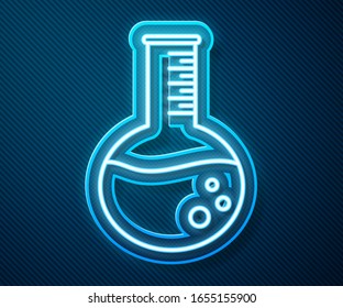 Glowing neon line Oil petrol test tube icon isolated on blue background.  Vector Illustration