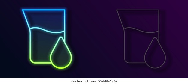 Icono brillante del tubo de ensayo de la gasolina del aceite de la línea de neón aislado en fondo negro. Matraz de química y caída de gota.  Vector