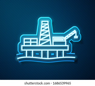 Glowing neon line Oil platform in the sea icon isolated on blue background. Drilling rig at sea. Oil platform, gas fuel, industry offshore.  Vector Illustration