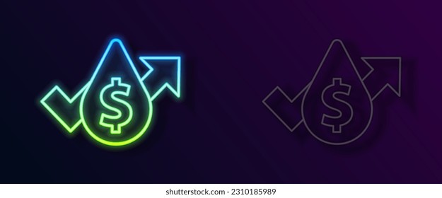Glowing neon line Oil price increase icon isolated on black background. Oil industry crisis concept.  Vector