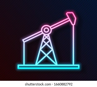 Glowing neon line Oil pump or pump jack icon isolated on black background. Oil rig.  Vector Illustration