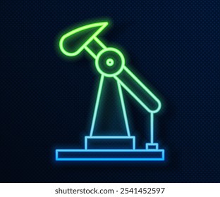 Glowing neon line Oil pump or pump jack icon isolated on blue background. Oil rig.  Vector Illustration