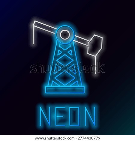 Glowing neon line Oil pump or pump jack icon isolated on black background. Oil rig. Colorful outline concept. Vector