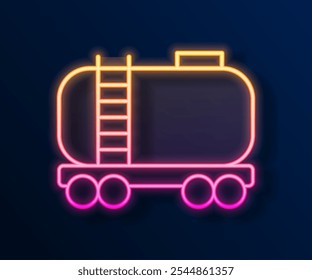 Línea de neón brillante Icono de la cisterna del ferrocarril del petróleo aislado en fondo negro. Tanque de aceite de tren en el vagón de ferrocarril. Flete ferroviario. Industria petrolera.  Vector