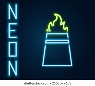 Glowing neon line Oil rig with fire icon isolated on black background. Fire accident. Gas tower. Industrial object. Colorful outline concept. Vector Illustration