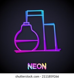 Glowing neon line Oil tank storage icon isolated on black background. Vessel tank for oil and gas industrial. Oil tank technology station.  Vector
