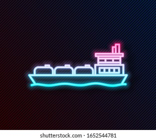 Glowing neon line Oil tanker ship icon isolated on black background.  Vector Illustration