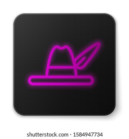 Glowing neon line Oktoberfest hat icon isolated on white background. Hunter hat with feather. German hat. Black square button. Vector Illustration