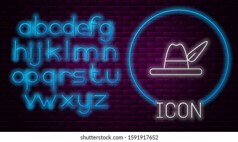 Glowing neon line Oktoberfest hat icon isolated on brick wall background. Hunter hat with feather. German hat. Neon light alphabet. Vector Illustration