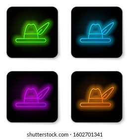 Glowing neon line Oktoberfest hat icon isolated on white background. Hunter hat with feather. German hat. Black square button. Vector Illustration