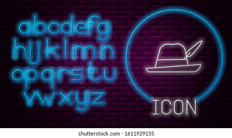 Glowing neon line Oktoberfest hat icon isolated on brick wall background. Hunter hat with feather. German hat. Neon light alphabet. Vector Illustration