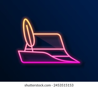 Glowing neon line Oktoberfest hat icon isolated on black background. Hunter hat with feather. German hat.  Vector