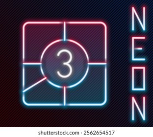 Glowing neon line Old film movie countdown frame icon isolated on black background. Vintage retro cinema timer count. Colorful outline concept. Vector