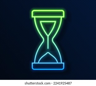 Línea de neón brillante Viejo cristal de arena con un icono de arena flotante aislado en un fondo azul. Señal de reloj de arena. Concepto de administración de tiempo y negocios.  Vector