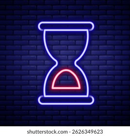 Glowing neon line Old hourglass with flowing sand icon isolated on brick wall background. Sand clock sign. Business and time management concept. Colorful outline concept. Vector